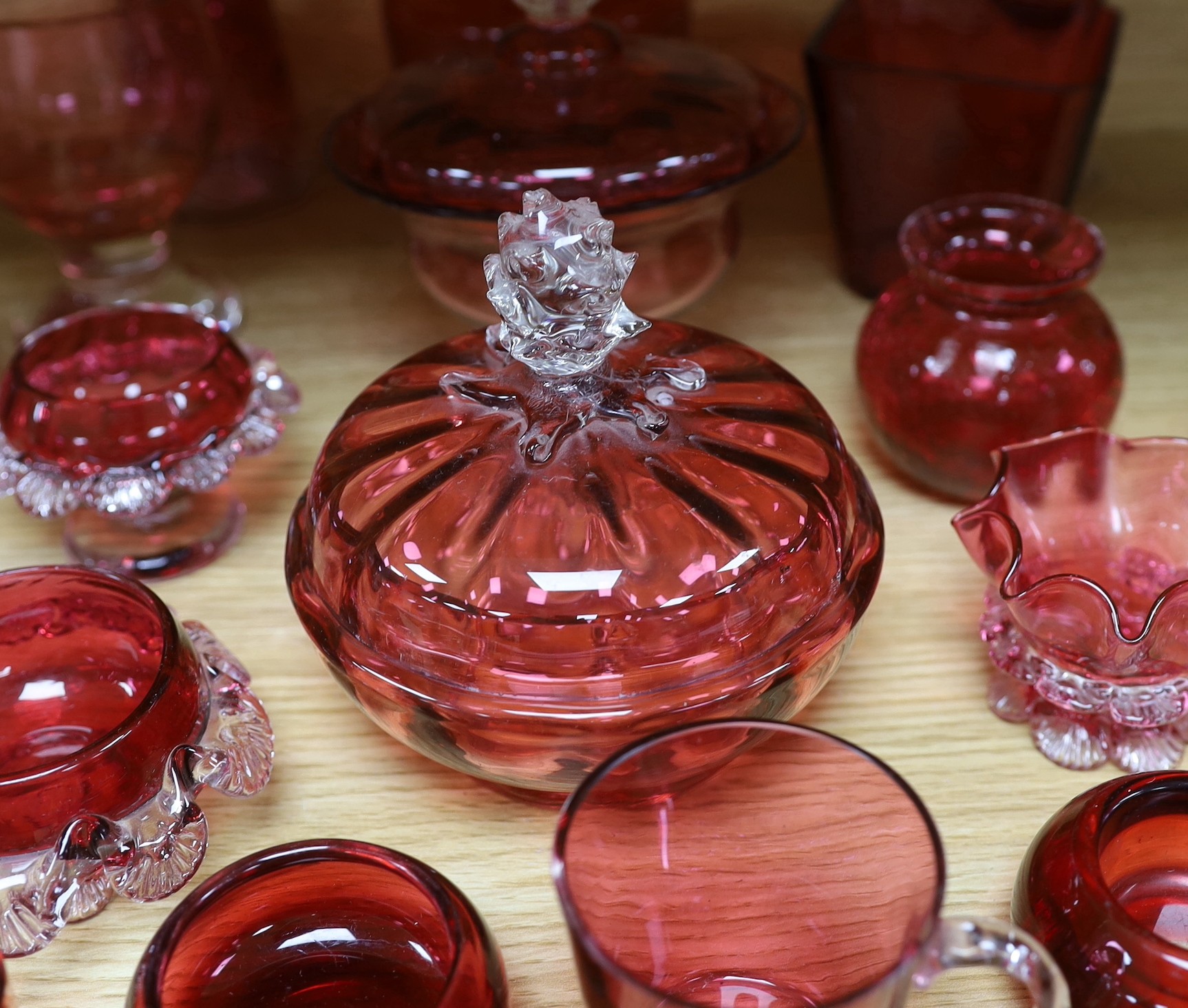 A collection of Cranberry glassware